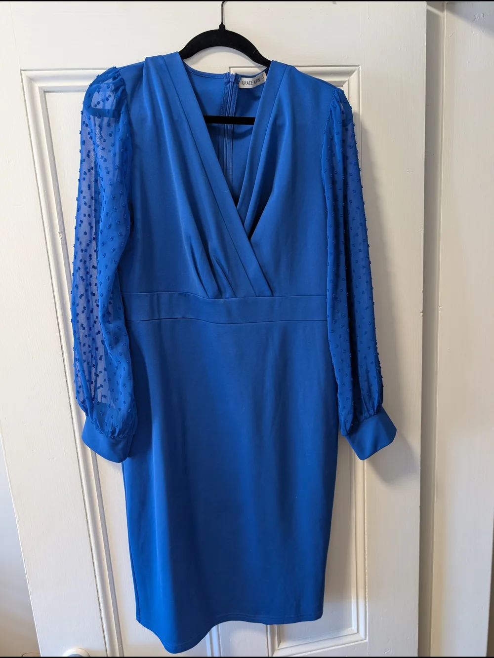 Grace Karin Royal Blue Wrap V-Neck Dress with Sheer Dotted Sleeves - Picture 1 of 1